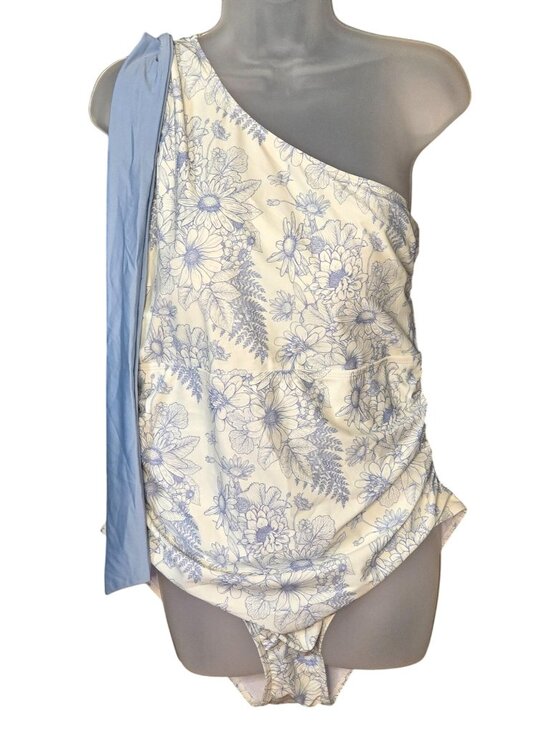 Grace Karin Other - Blue White One Shoulder Floral Swimsuit XL Ruched Tummy Control Lined Grecian